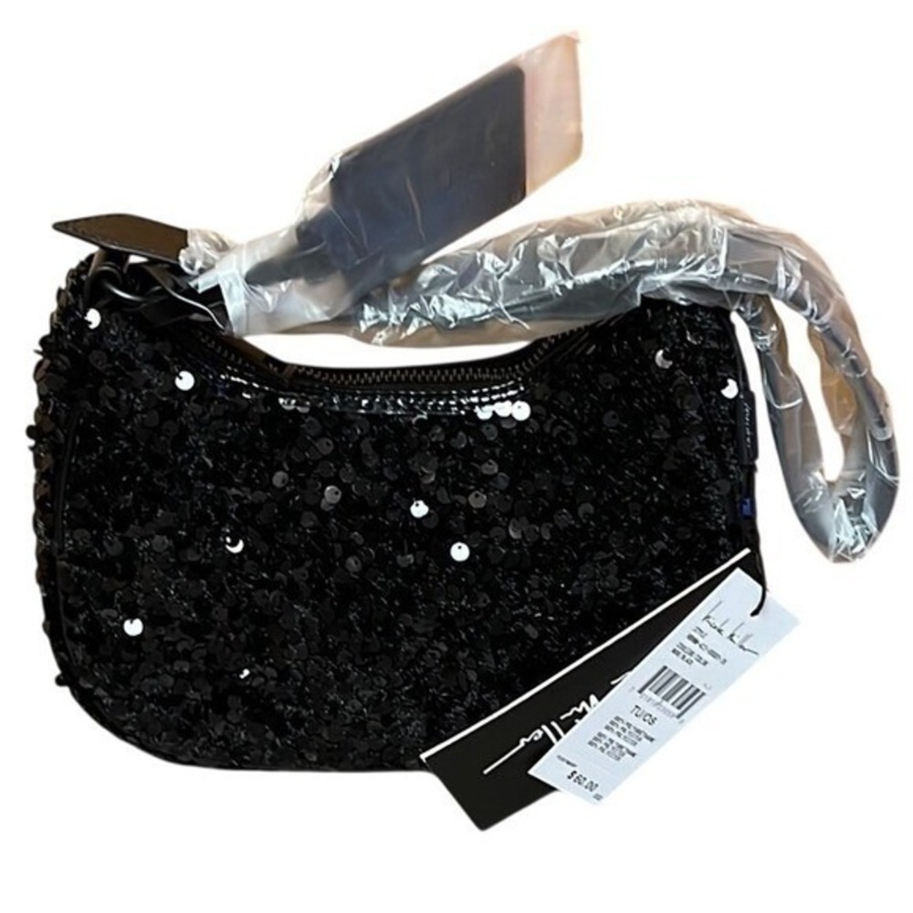 Nicole Miller Black Sequin Shoulder Bag Patent Hobo Handbag NEW Party wear Retro